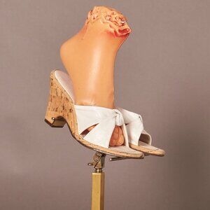 1950s Penaljo Cork Heels White Leather Wedge Sandals Shoes